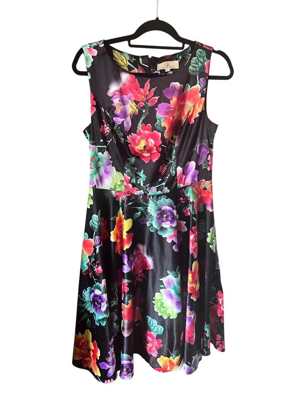Grace Karin L Floral Flare Dress Black Sleeveless Cocktail Midi Wedding Guest